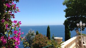 Un balcon donnant sur la mer, agrémenté de bougainvilliers et d’autres plantes.