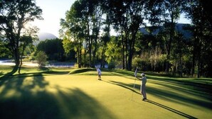 Ein Golfplatz mit einem gepflegten Grün, Bäumen und blauem Himmel.