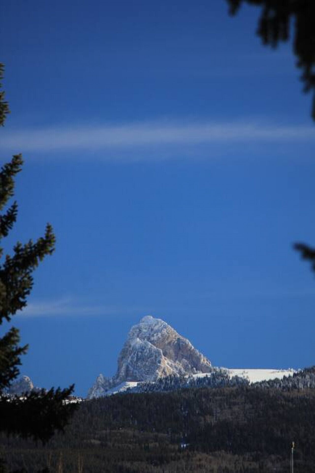 Une montagne dont le sommet est enneigé, entourée d’arbres et surplombée d’un ciel dégagé.