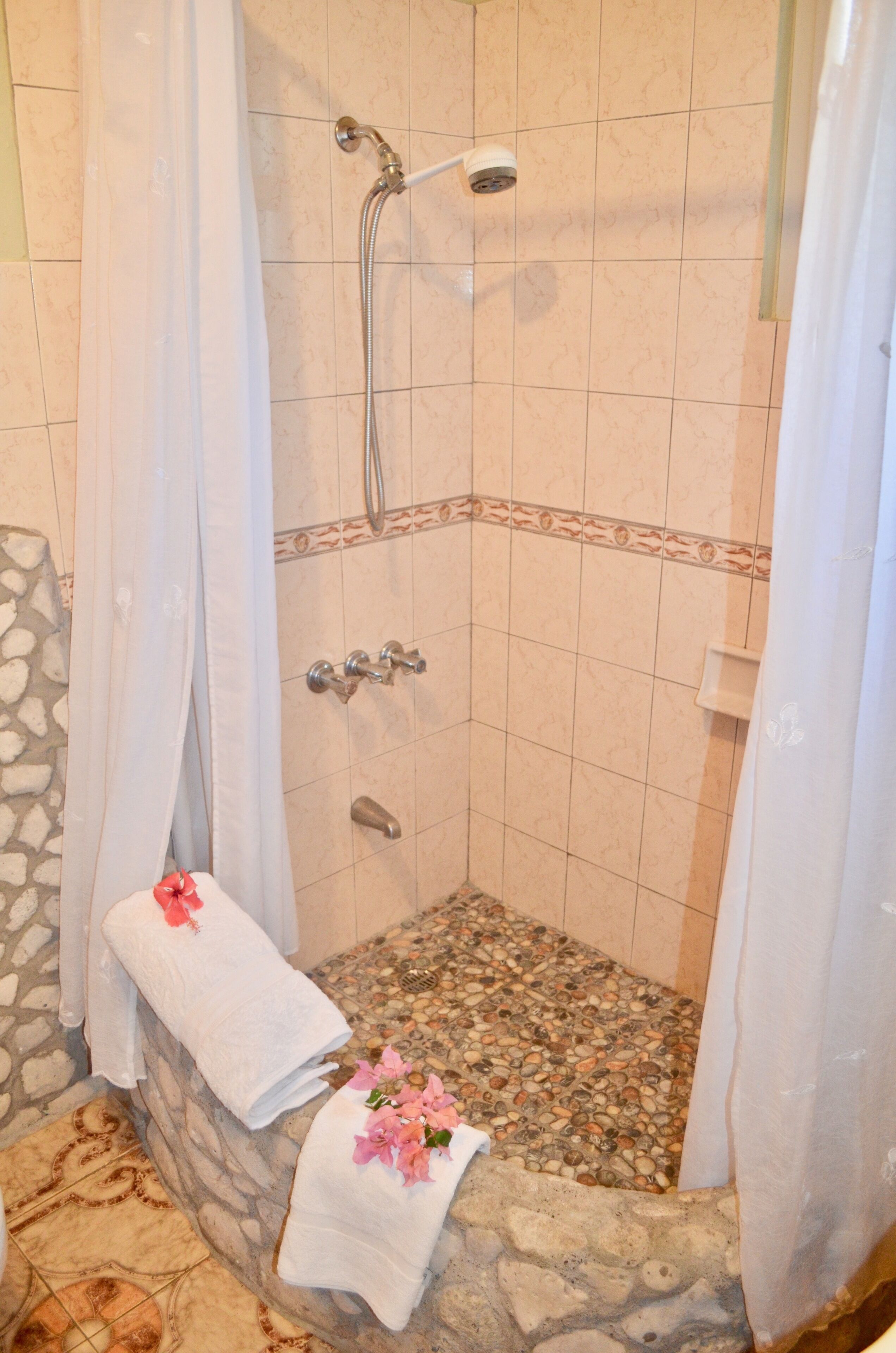 Shower, hair dryer, towels