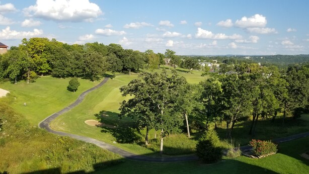 En golfbane med en snoet sti, omgivet af træer og et par bygninger i det fjerne.
