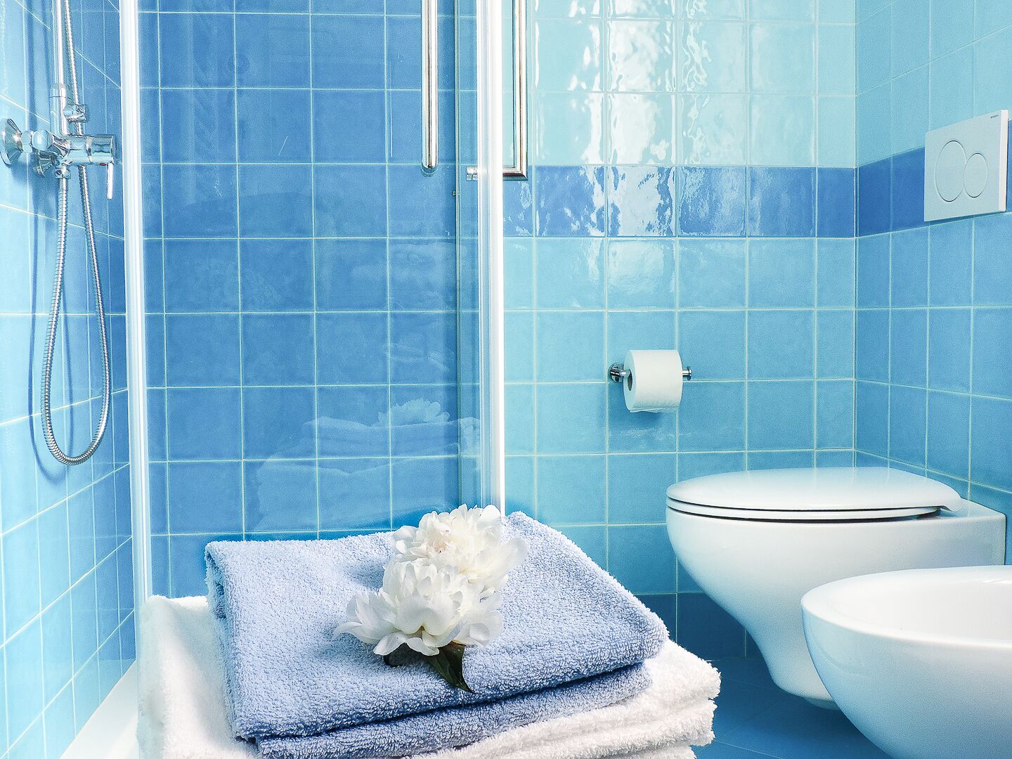 Douche, sèche-cheveux, bidet, serviettes fournies