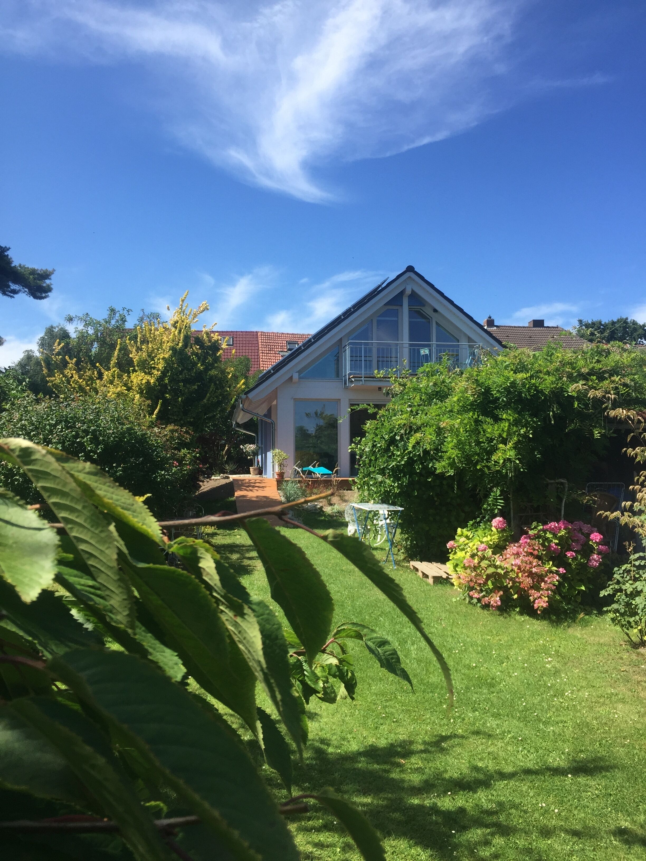 A house with a sloped roof, large windows, and a garden with various plants and flowers.