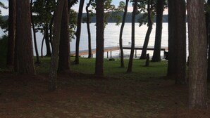 Zona junto al lago con un muelle que se adentra en el agua, rodeada de árboles.