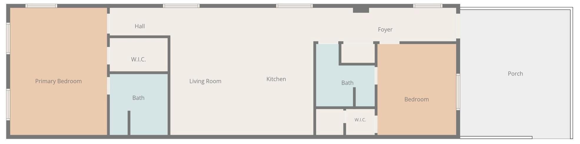 Un plan d’étage comprenant une chambre principale, un salon, une cuisine, un hall d’entrée, une salle de bain et une chambre.