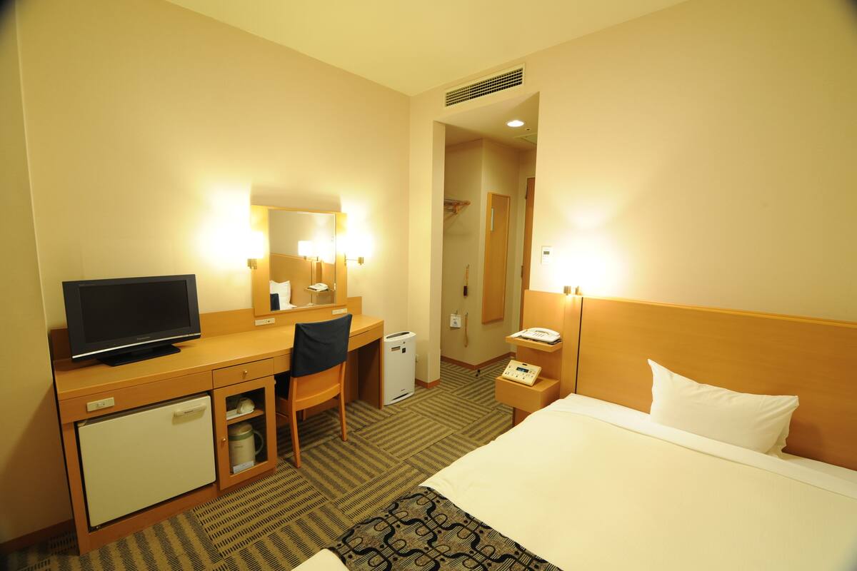 Habitación de hotel con cama, escritorio con televisor, silla, refrigerador pequeño, teléfono y espejo.