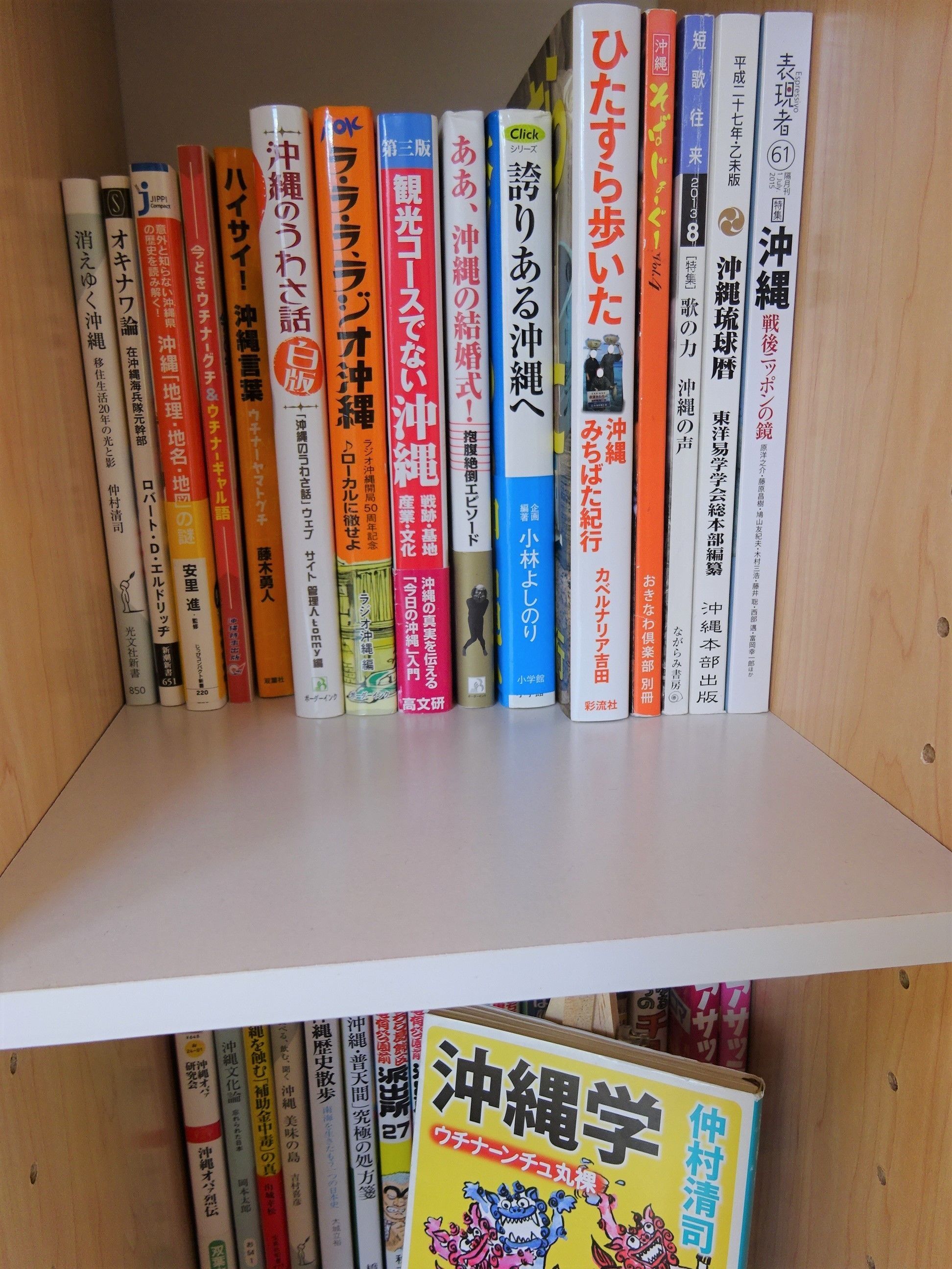 Una estantería con varios libros, algunos con texto en japonés.