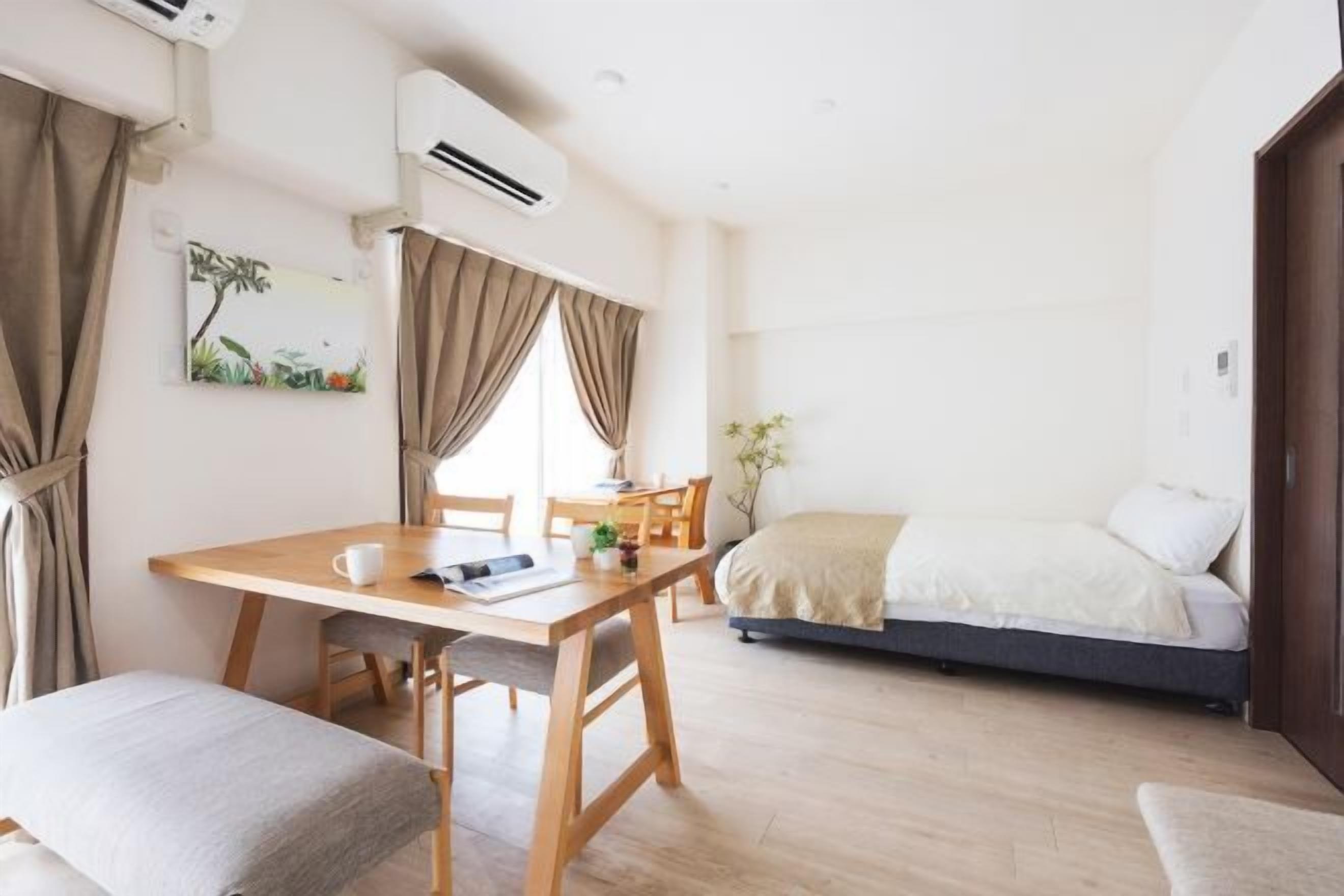 Desk, laptop workspace, blackout drapes, soundproofing