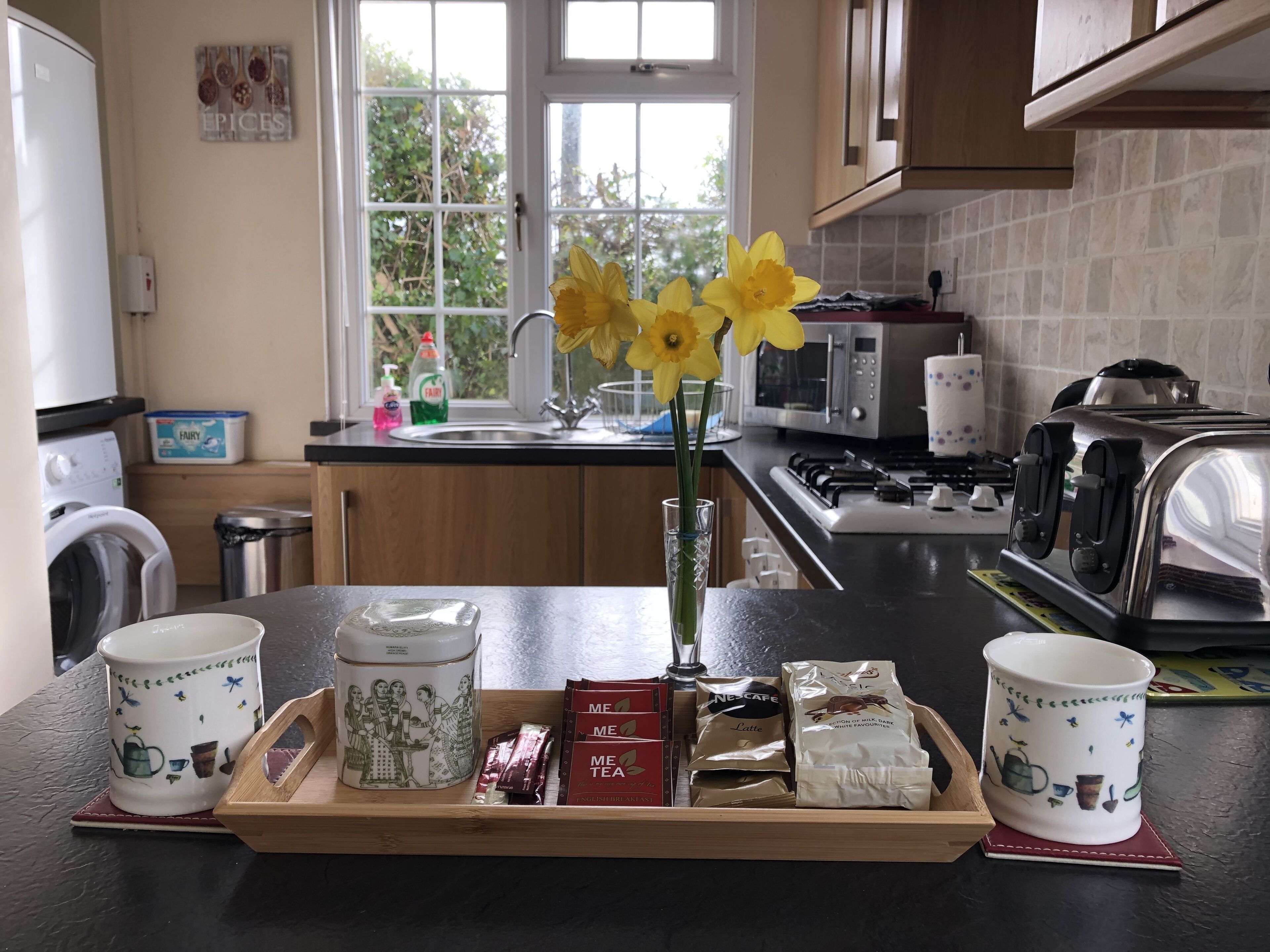 Fridge, microwave, oven, coffee/tea maker