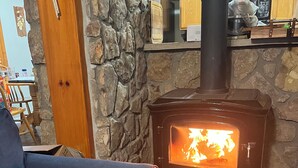 Ein gemütliches Wohnzimmer mit Steinwand, blauem Sofa und Kaminofen.