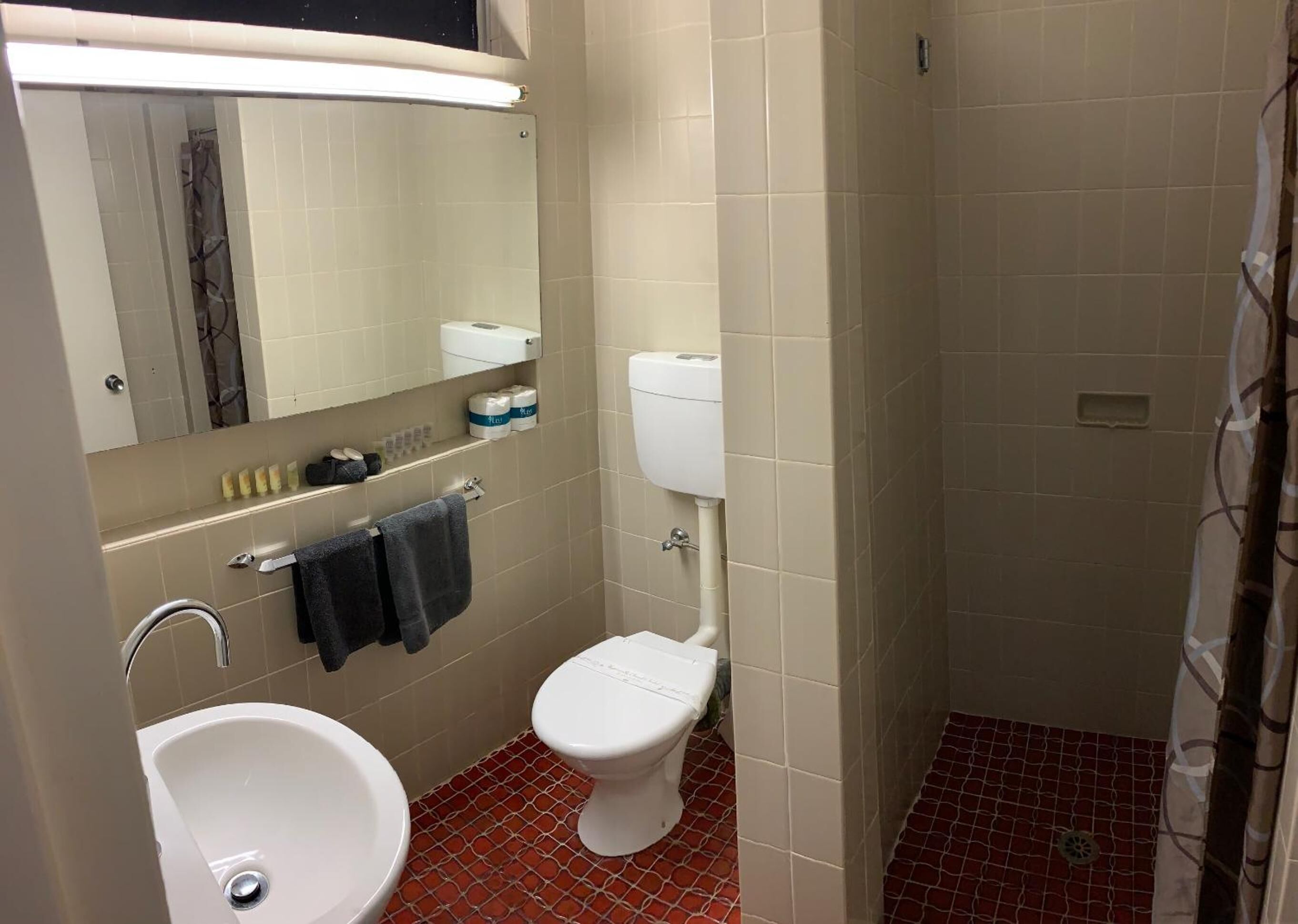 A bathroom with a white sink, a toilet, and a mirror above the sink. There is a towel hanging on the wall and a shower curtain.