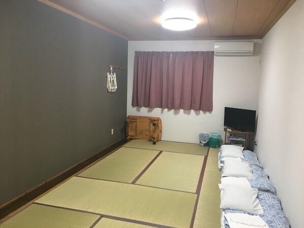 A room with tatami mats, a futon bed, a television, and an air conditioner.