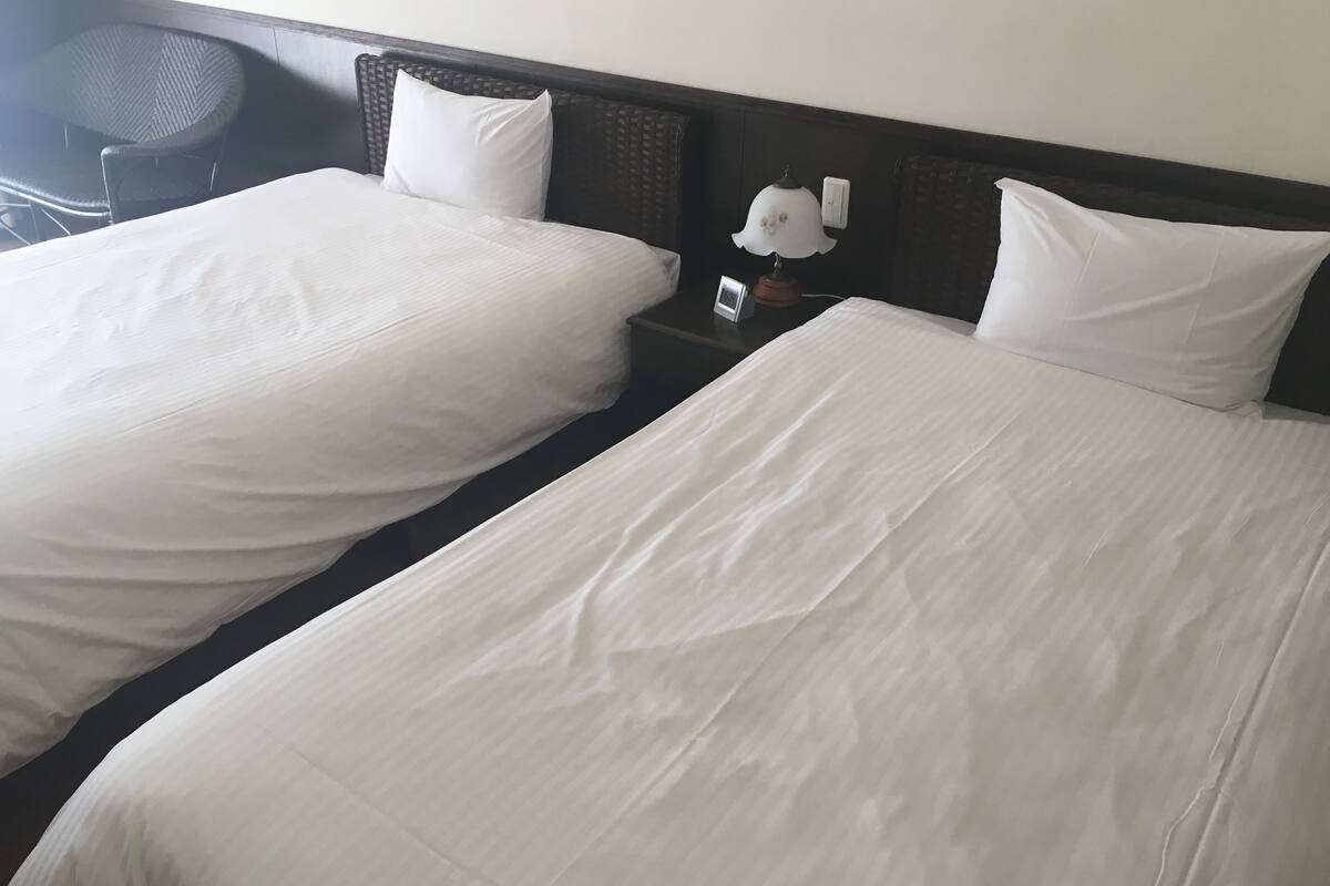 Deux lits simples avec du linge de lit blanc, une tête de lit sombre, une petite table avec une lampe et une chaise.