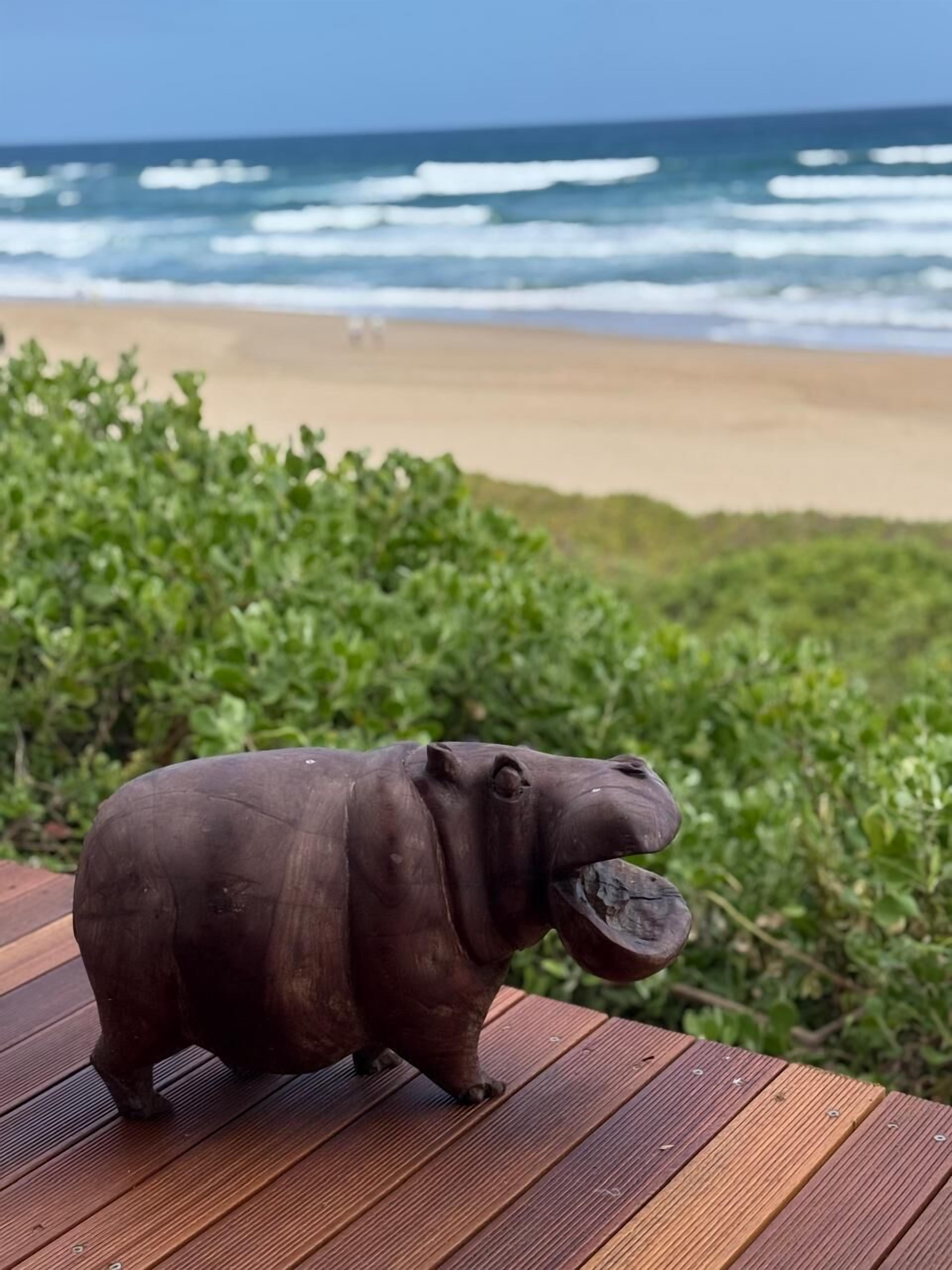 A wooden deck with a dark brown hippo statue.