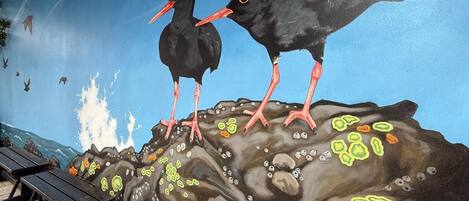 Un mural que muestra dos aves negras con picos y patas rojas posadas sobre una roca con huellas.