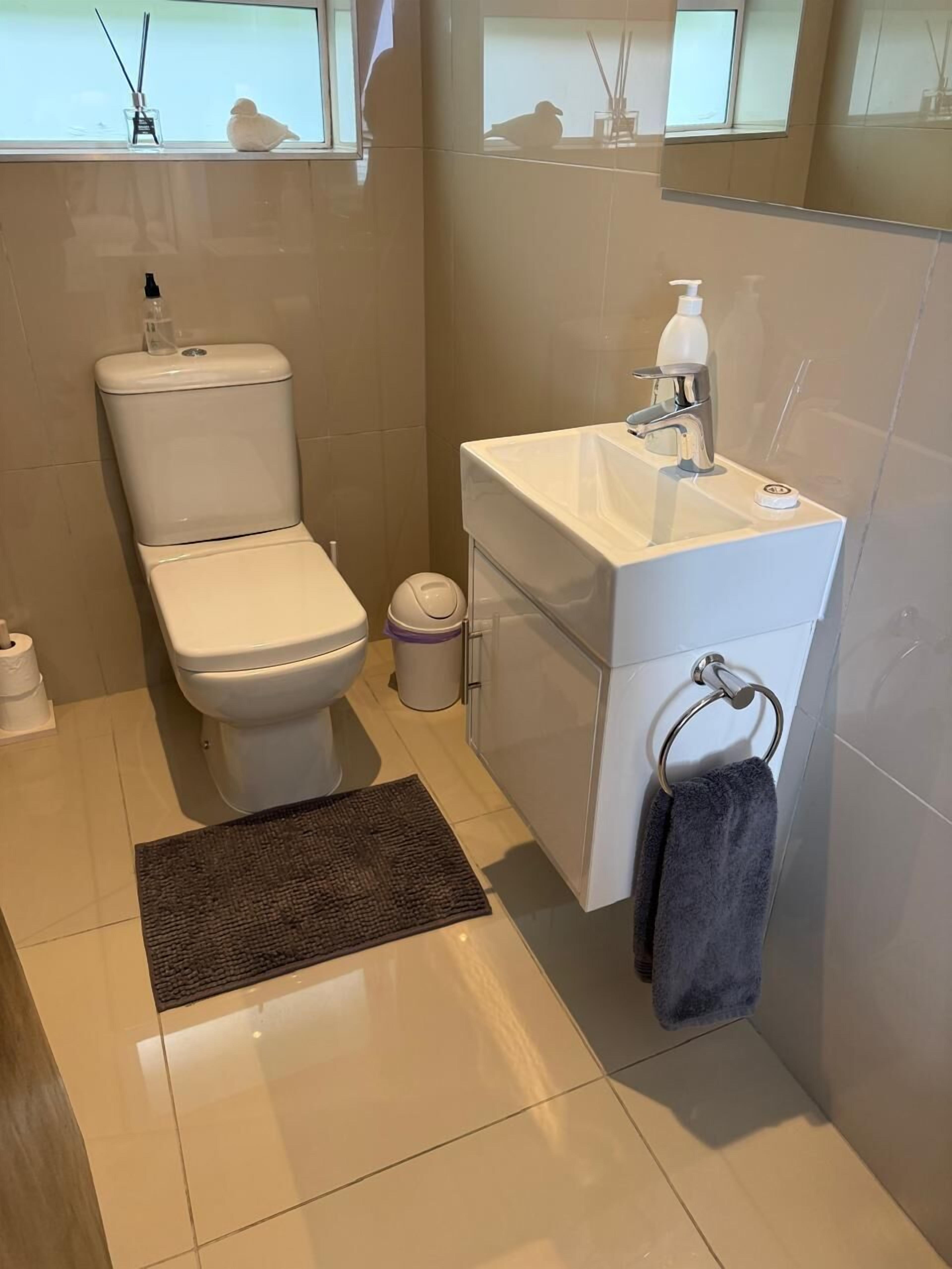 Ein modernes Badezimmer mit Toilette, Waschbecken und Handtuchhalter.