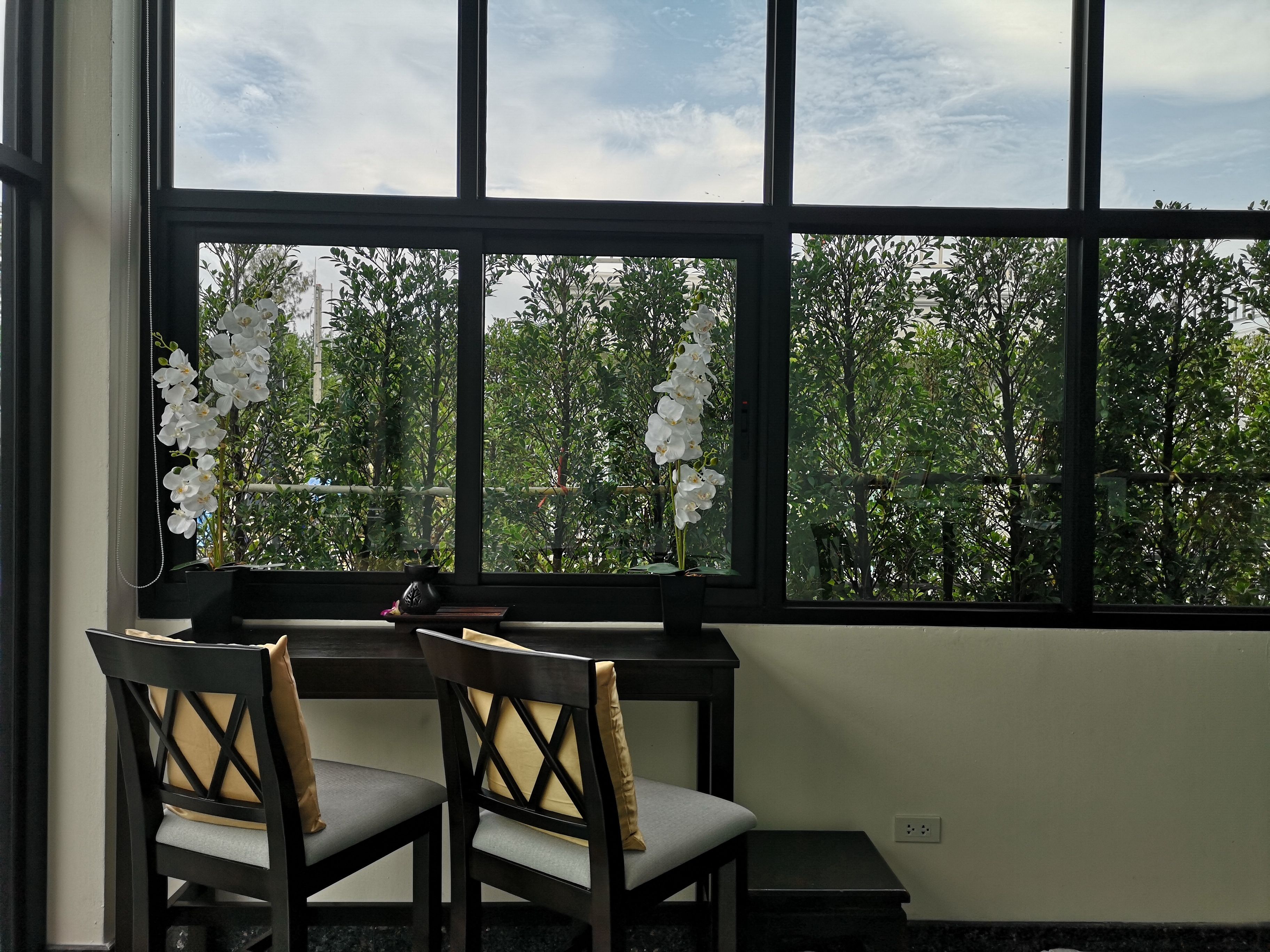 A room with a large window, two chairs, a small table, and a potted plant.