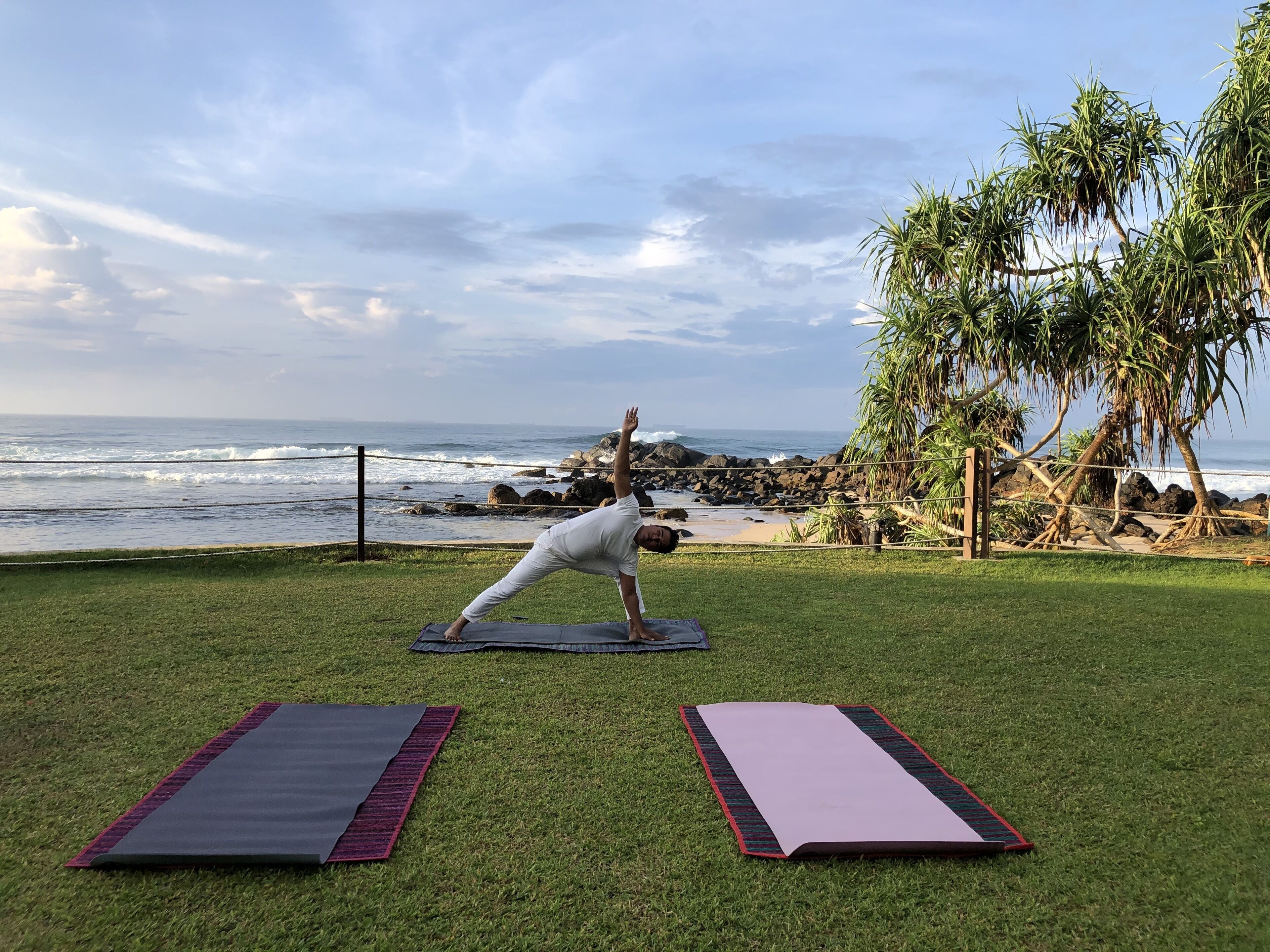 Une personne pratiquant le yoga sur un tapis, dans un espace verdoyant, avec vue sur l’océan et les palmiers.