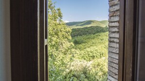 A window with a view of a forested hillside. - Il Castello di Perchia (Spoleto)
