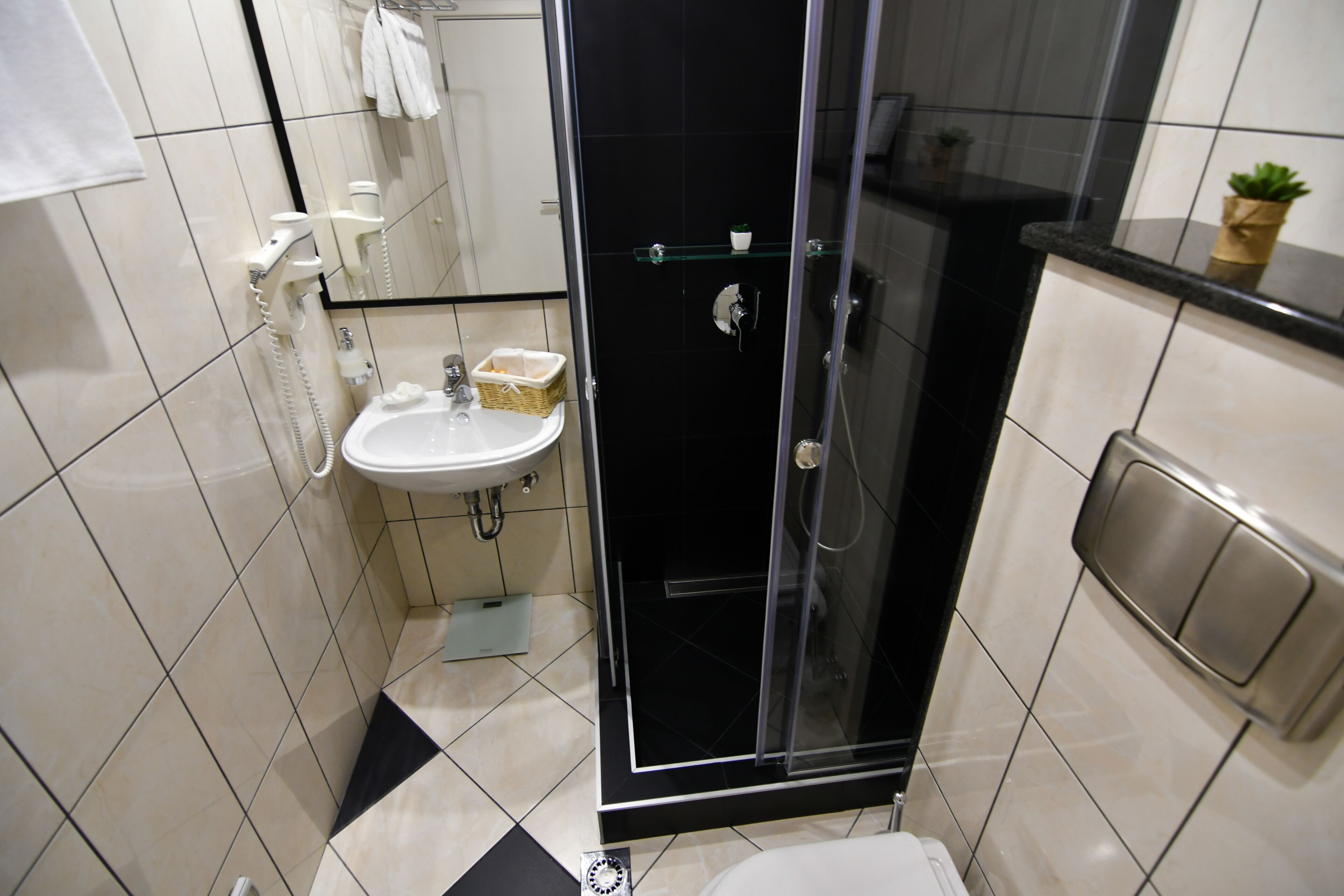 hydromassage showerhead, designer toiletries, hair dryer, bathrobes