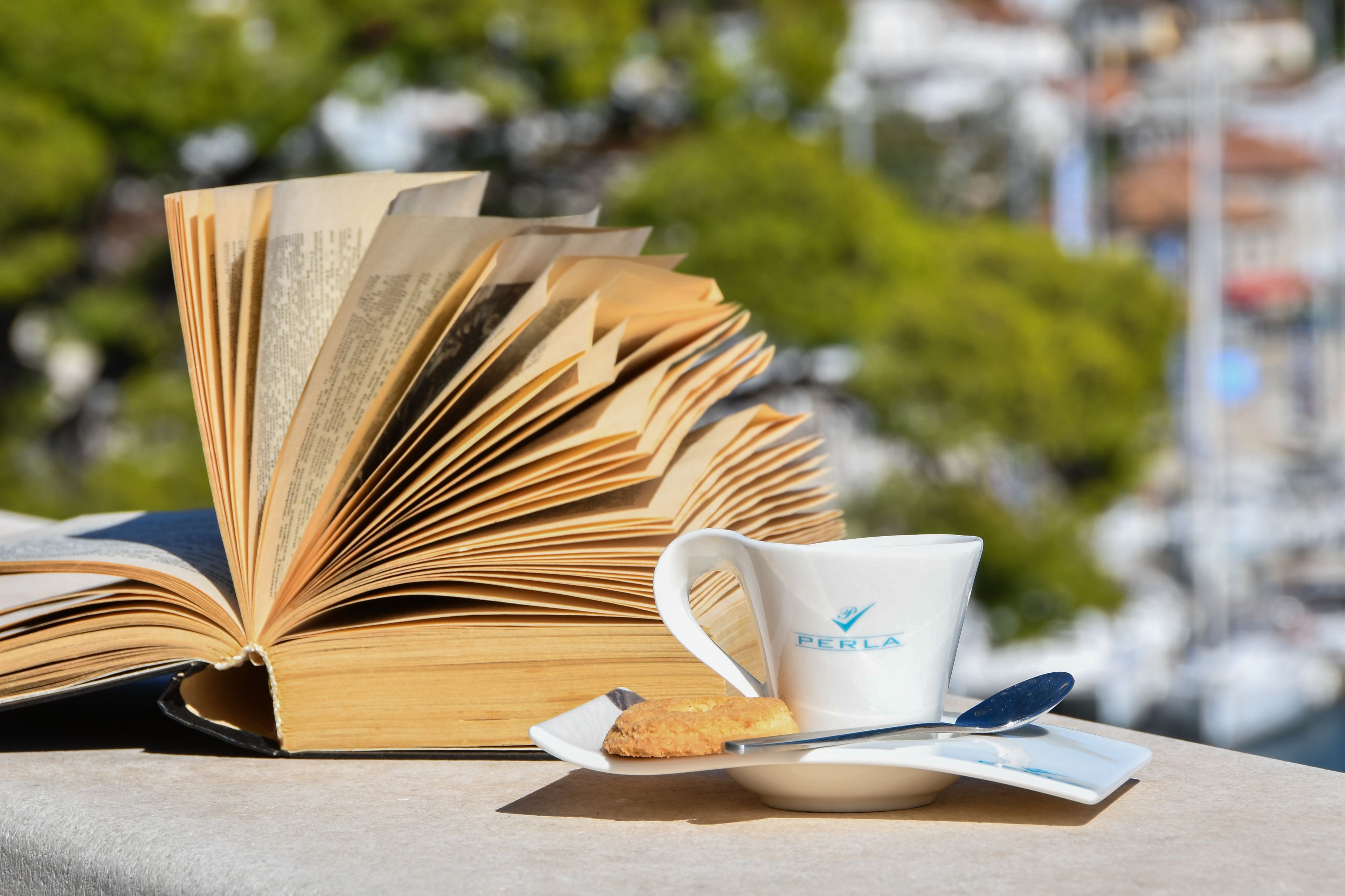 An open book, a cup labeled "PERLA," a spoon, and a biscuit on a table with a blurred outdoor background.