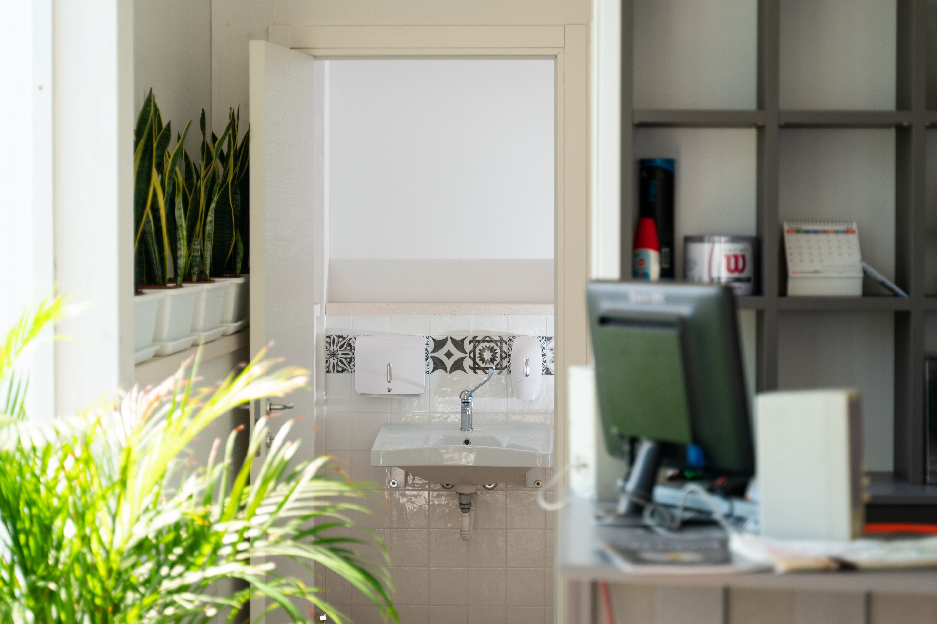 Une salle de bain avec un lavabo, un miroir et une douche. Il y a des plantes sur la gauche et un calendrier sur la droite.