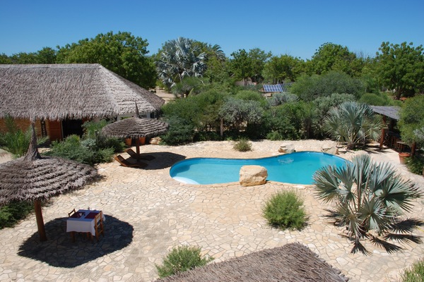 Una piscina al aire libre, sombrillas, sillones reclinables de piscina