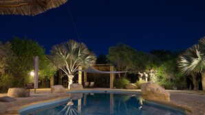 Une piscine bordée de pierres, entourée de rochers et de palmiers, sous un ciel nocturne.