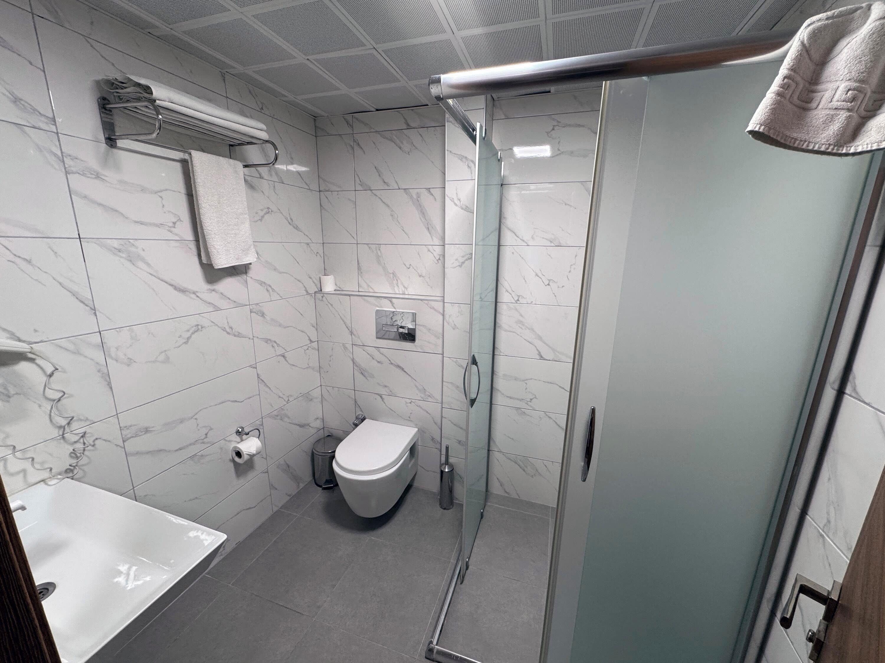 A modern bathroom with a glass-enclosed shower, a white toilet, and a sink.