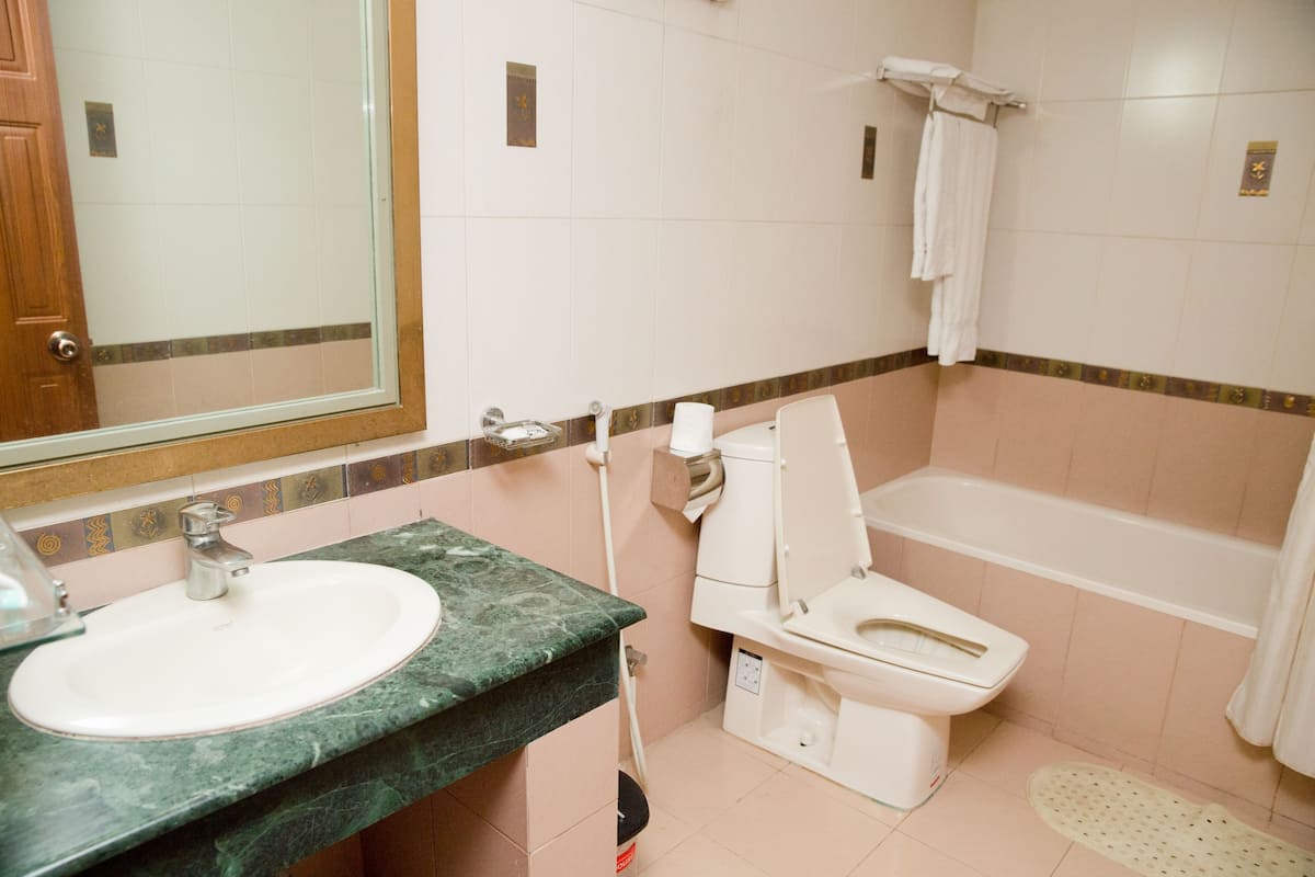 combined shower/bathtub, hydromassage showerhead, free toiletries