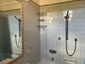 Combined shower/bathtub, hair dryer, bidet, towels
