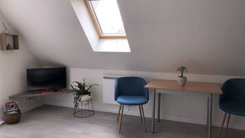 A modern, compact room with a sloped ceiling, a skylight, a television, a small table, two chairs, and a potted plant.