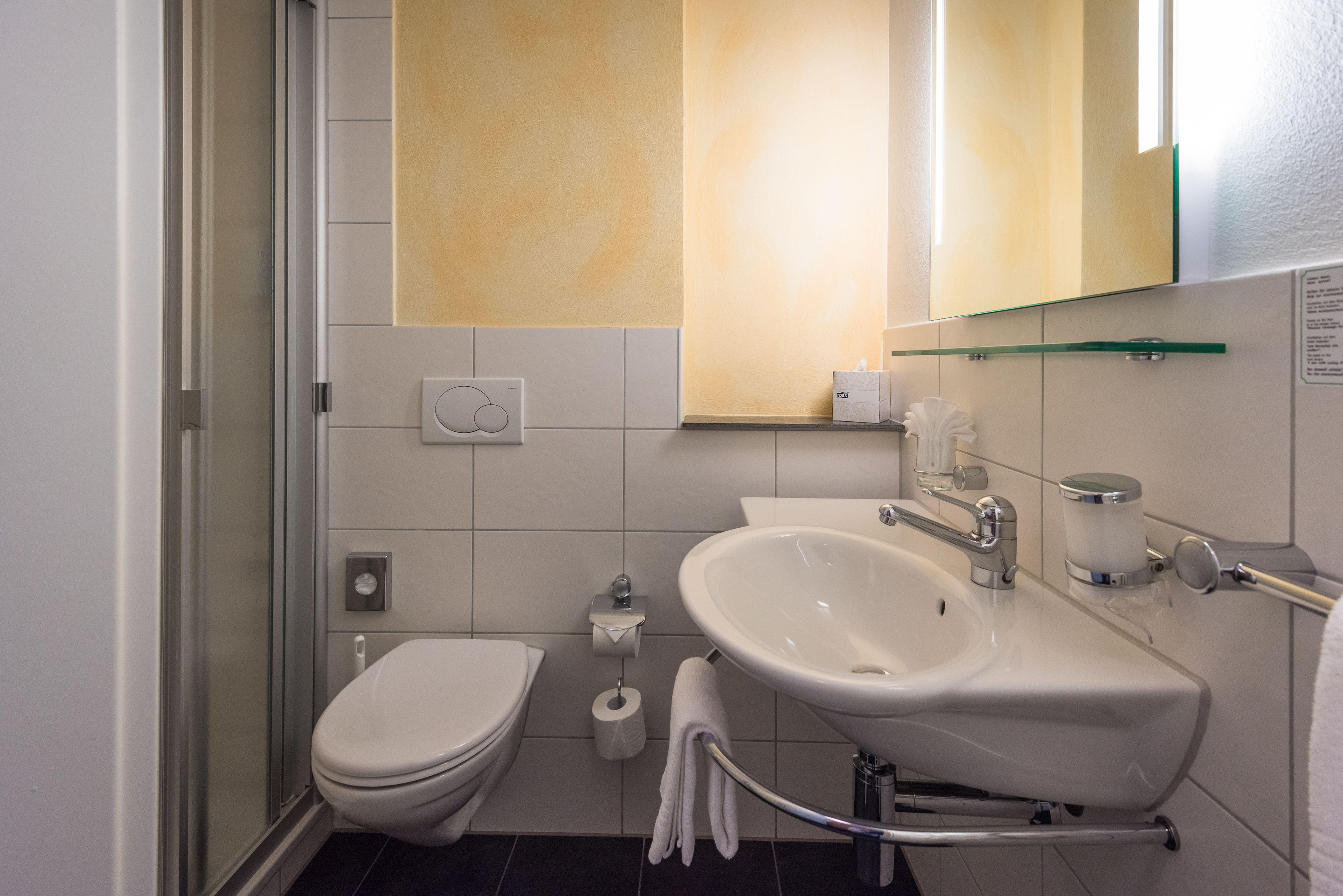 Une salle de bain moderne équipée de toilettes, d’un lavabo et d’une douche à parois en verre.