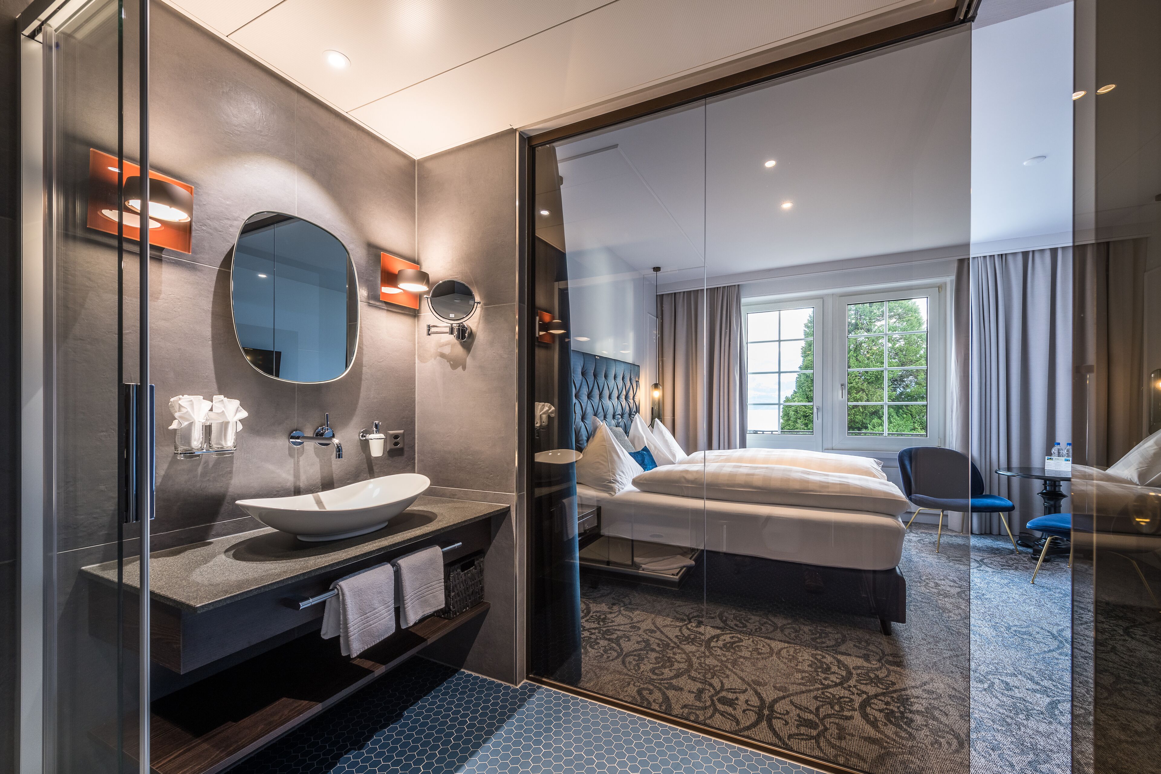 design double room | bathroom | hair dryer, bathrobes, slippers, towels