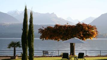 Vista de un lago con una mesa y sillas bajo un árbol, una palmera y montañas al fondo.