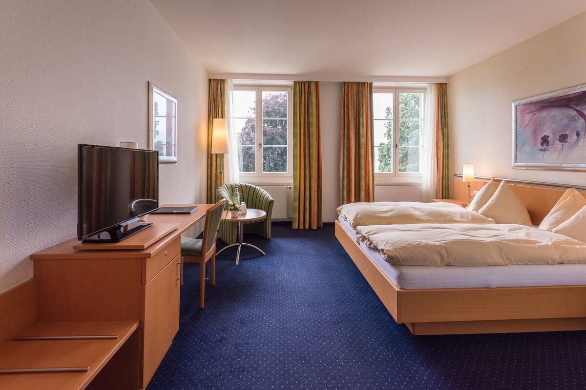 Habitación de hotel con cama, escritorio con televisor, silla, mesita con planta y ventana con cortinas.