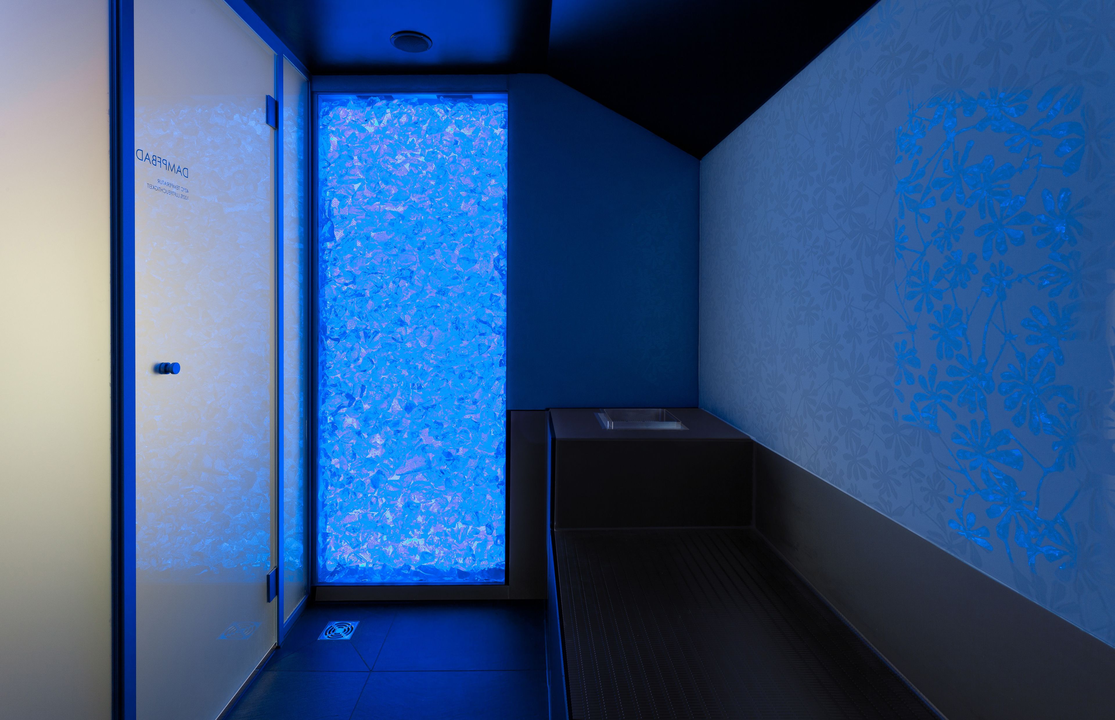 Un bagno moderno con una parete di vetro azzurrata, un lavandino e una porta con la scritta "DAMPBOARD".