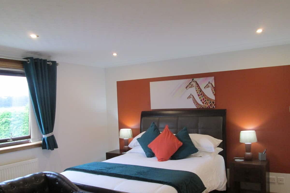 A hotel room with a bed, two bedside tables with lamps, a window with curtains, and a giraffe painting on the wall.
