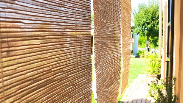 Un espace extérieur abrité, doté d’un mur recouvert d’un tissu à motifs, d’un chemin en briques et d’une plante en pot.