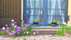 Une fenêtre avec un rideau bleu et un pot de fleurs posé sur le rebord de la fenêtre.