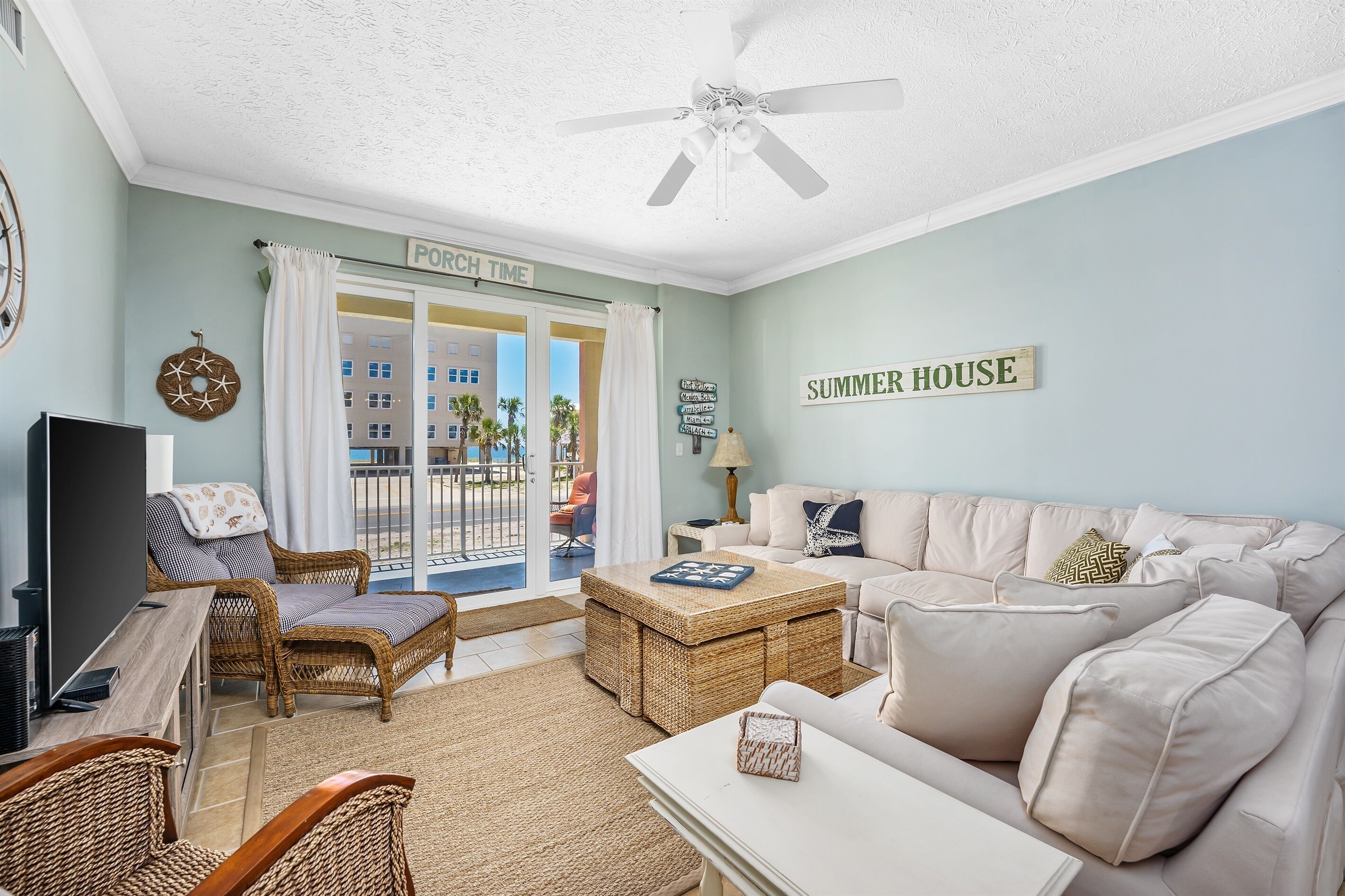 TV, fireplace, books