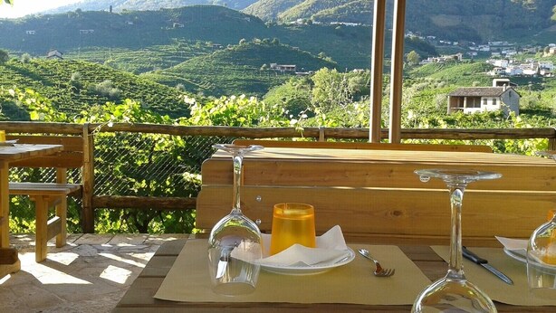 A table set for dining with a view of a mountainous landscape.
