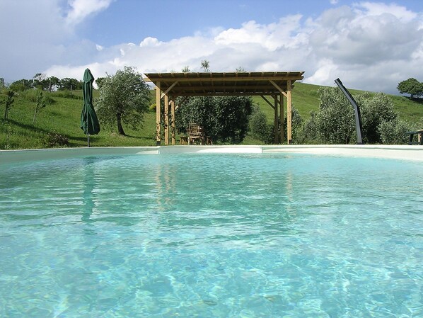 Seasonal outdoor pool, pool umbrellas, pool loungers