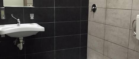 A bathroom with a sink, mirror, toilet, and shower.