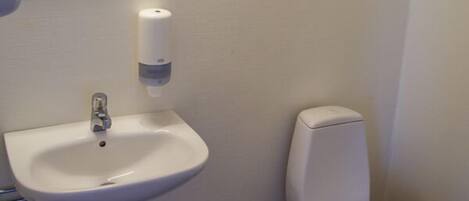 A bathroom with a white sink, toilet, and mirror.
