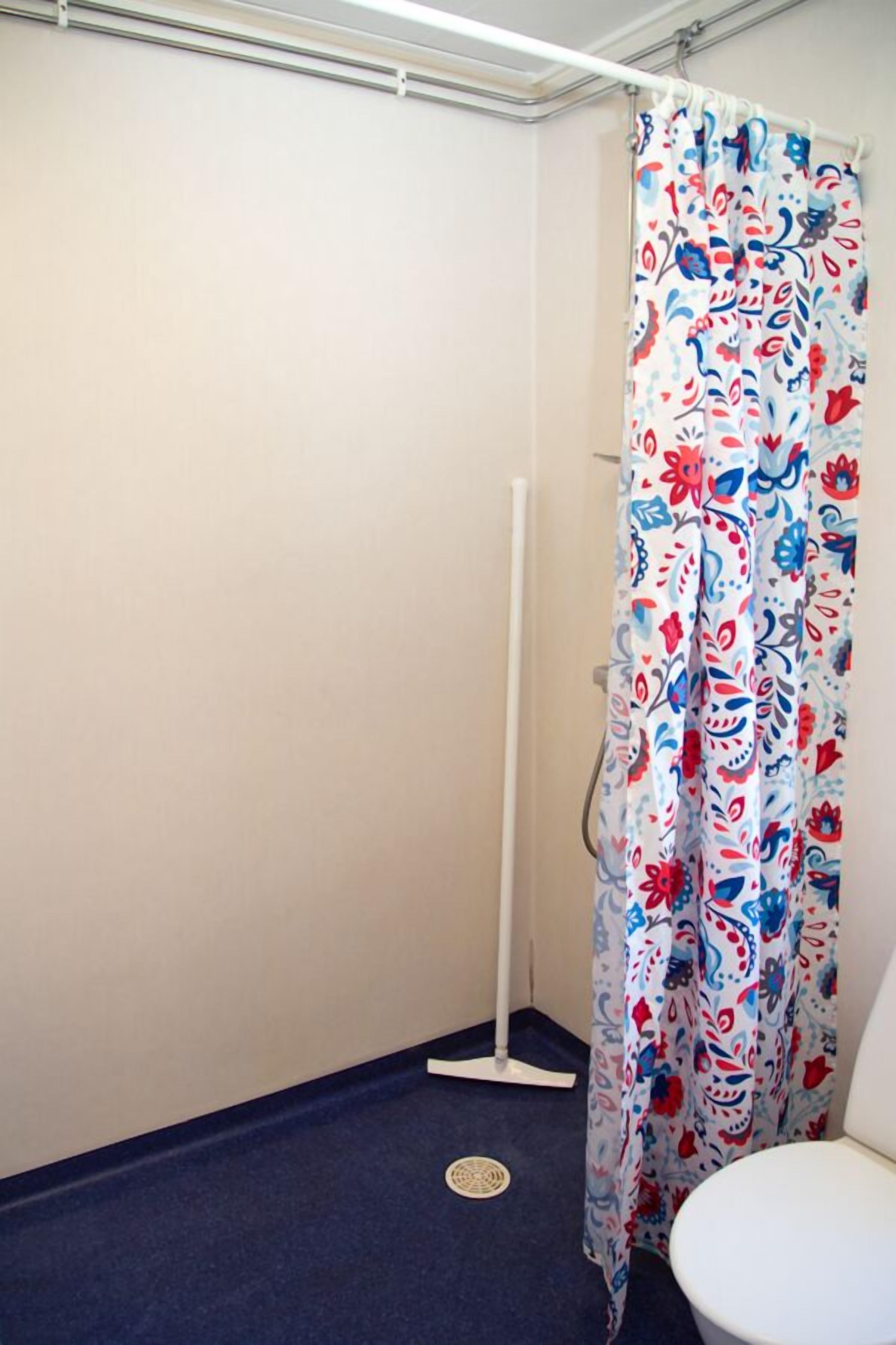 A bathroom with a shower curtain featuring a floral pattern, a white toilet, and a blue floor.