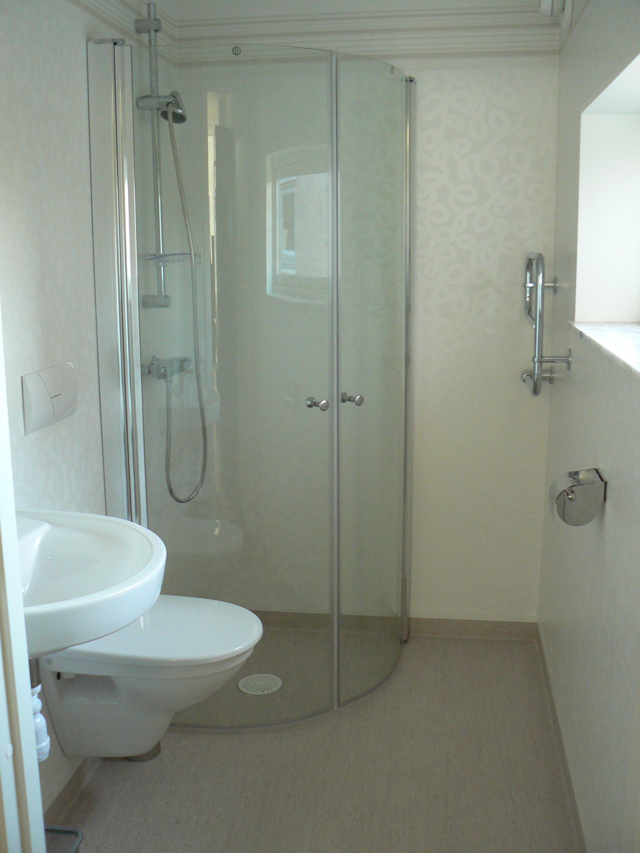 A bathroom with a glass-enclosed shower, a white toilet, and a sink.