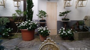 Un patio con plantas en macetas, una puerta de madera y faroles en la pared.