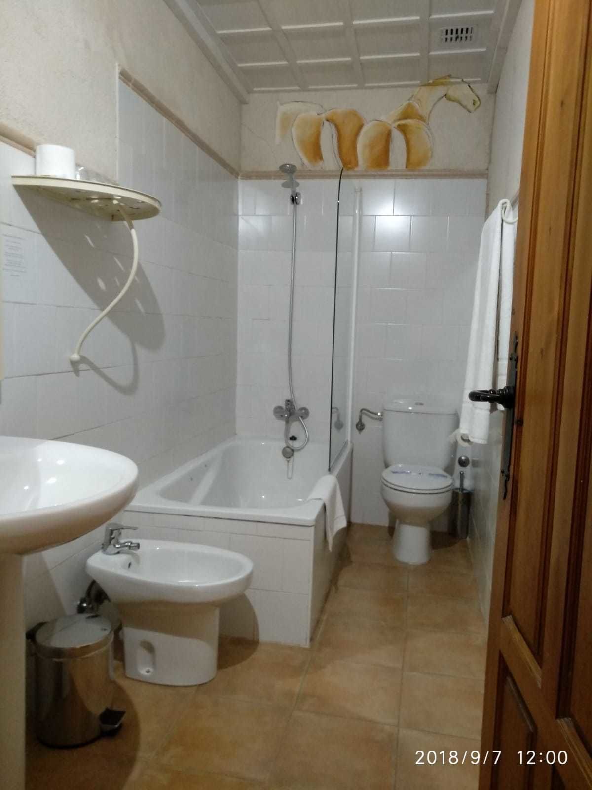 A bathroom with a bathtub, a shower, a toilet, and a bidet.