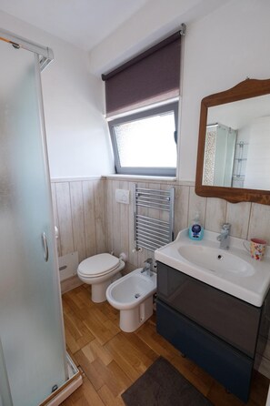 A compact bathroom with a shower, two toilets, a bidet, a sink, and a mirror. - Axia Terme B&B (Viterbo)